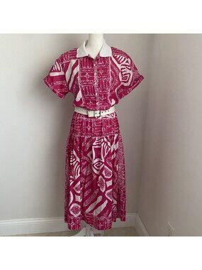 VTG John Henry Womens 10 Dress Pink and White Geometric 80s w Belt USA Made